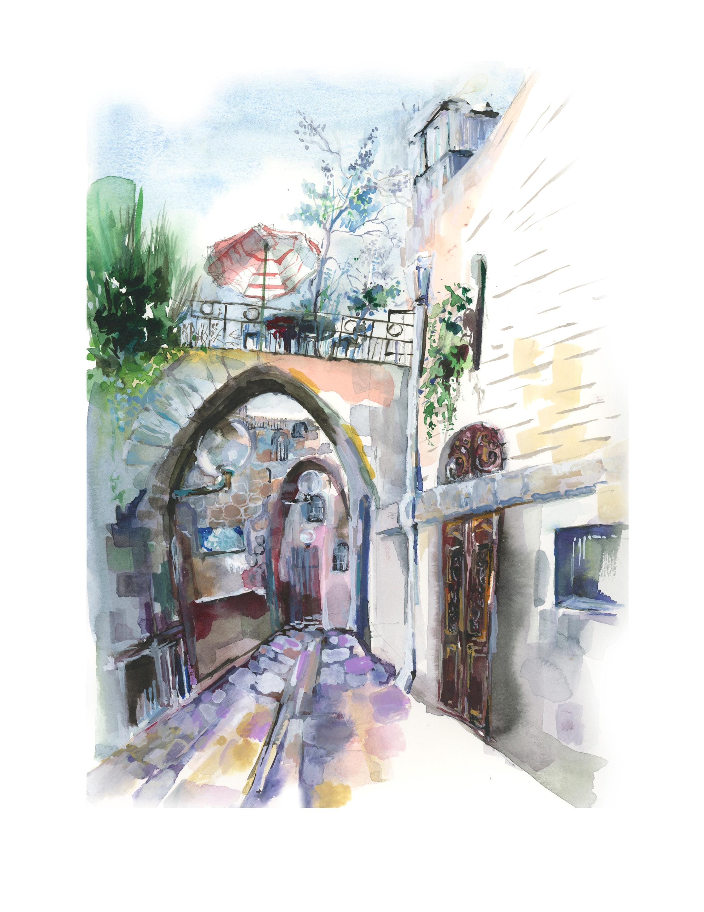 Old Jaffa Watercolor Print: Jewish Art, Israel Cityscape