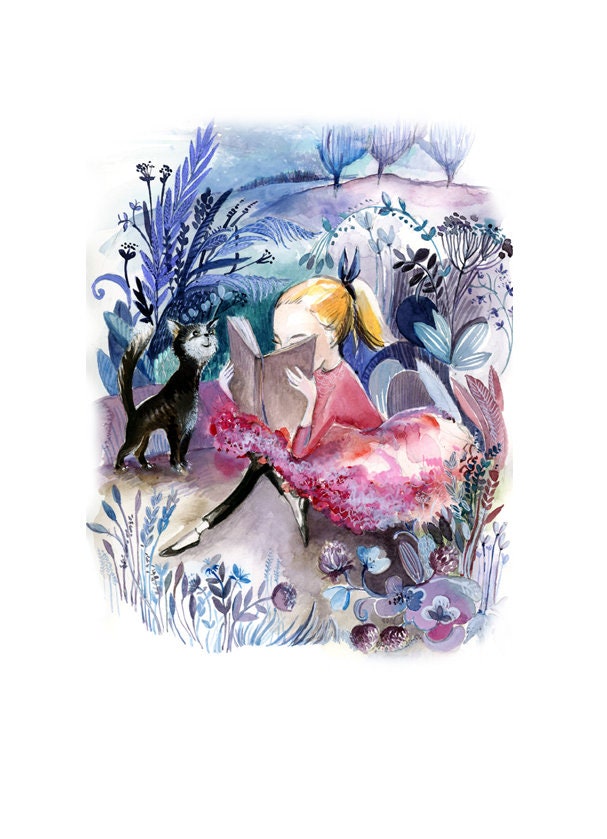 Summer Reading Art Print: Girl and Cat Illustration