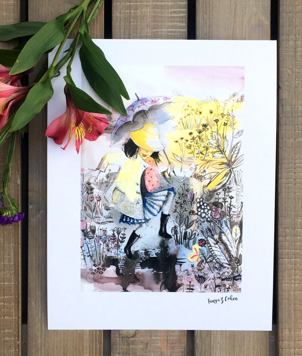 Dancing in the Rain Art Print: Children's Watercolor Illustration