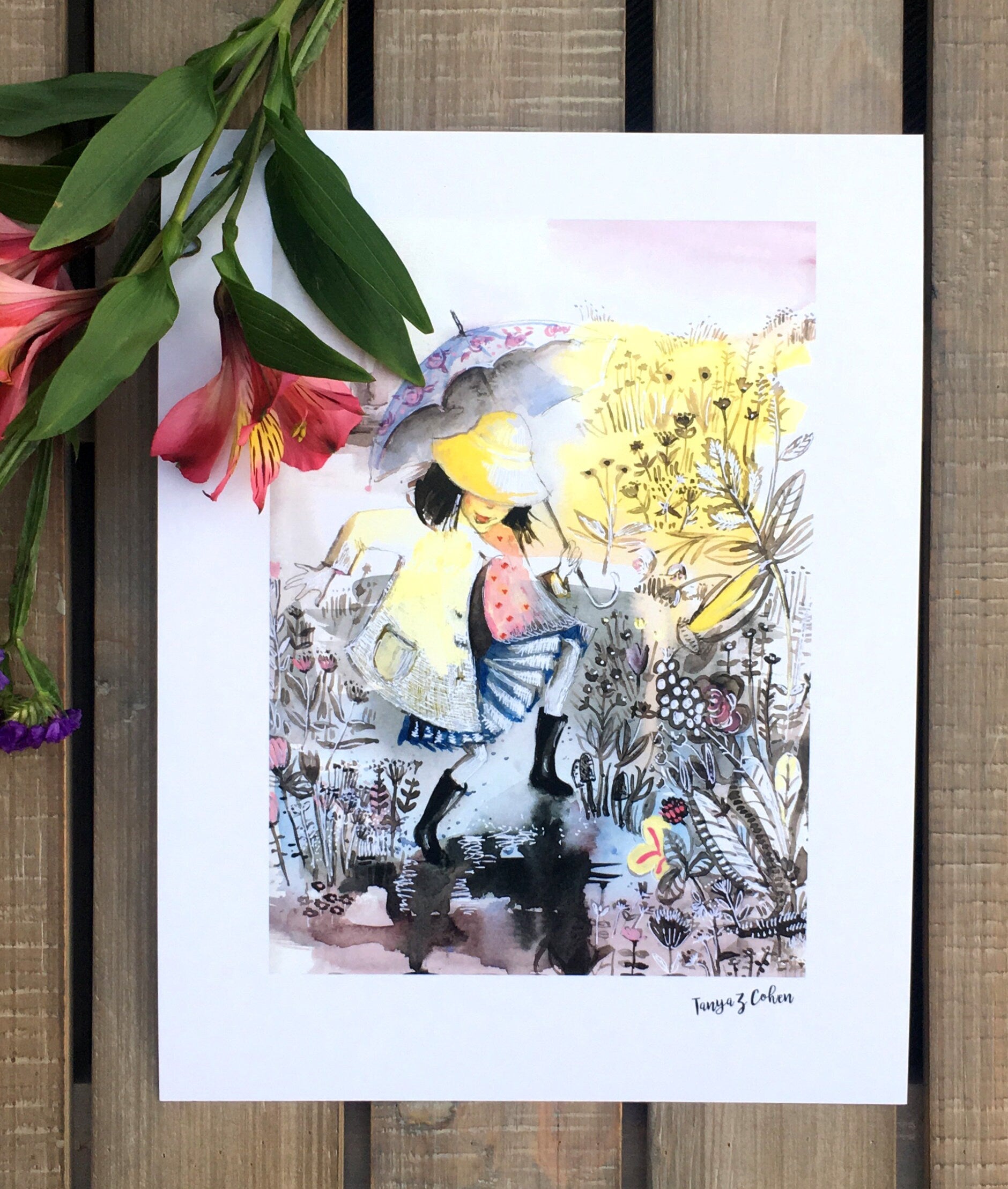 Dancing in the Rain Art Print: Children's Watercolor Illustration