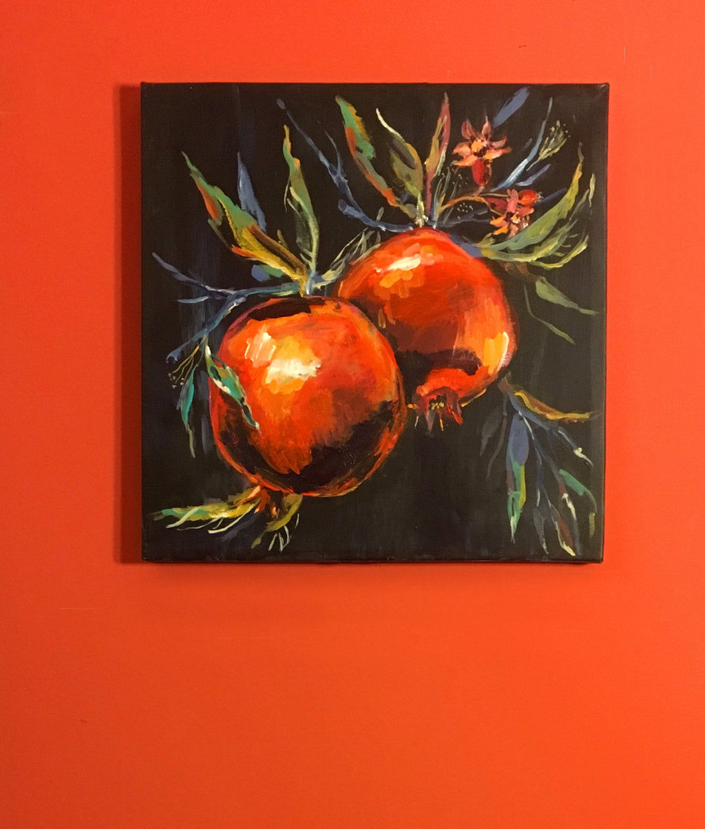 Original Pomegranate Painting: Red Acrylic Still Life, Jewish Art