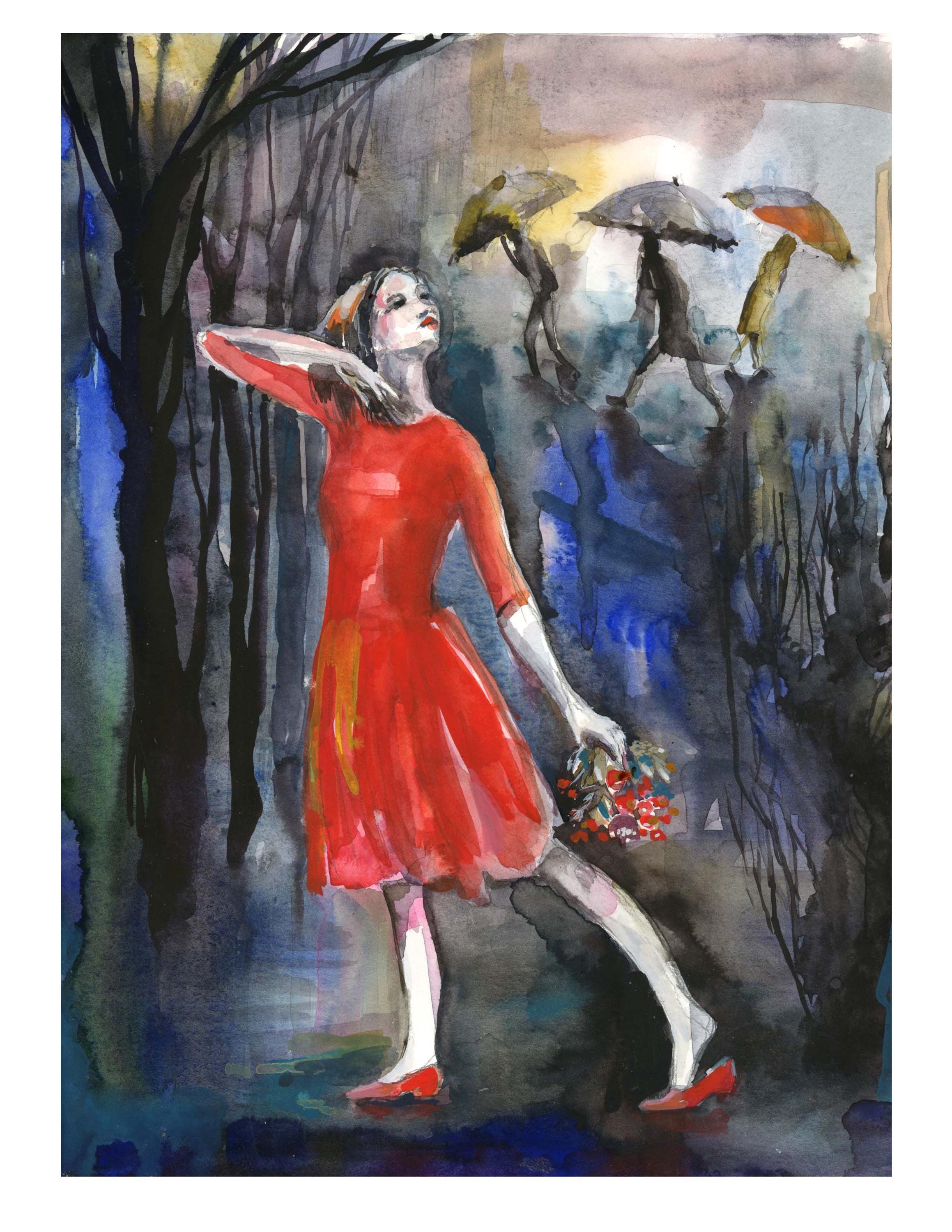 Dancing in the Rain, Watercolor Art Print, Signed Giclee