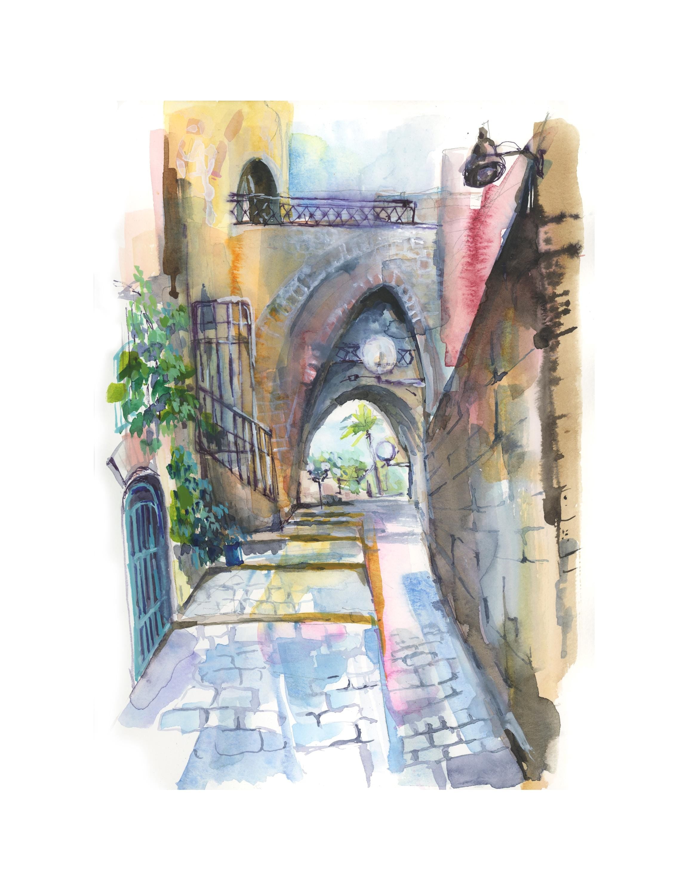 Old Jaffa Watercolor Print: Signed Jewish Art, Israel, Not Framed