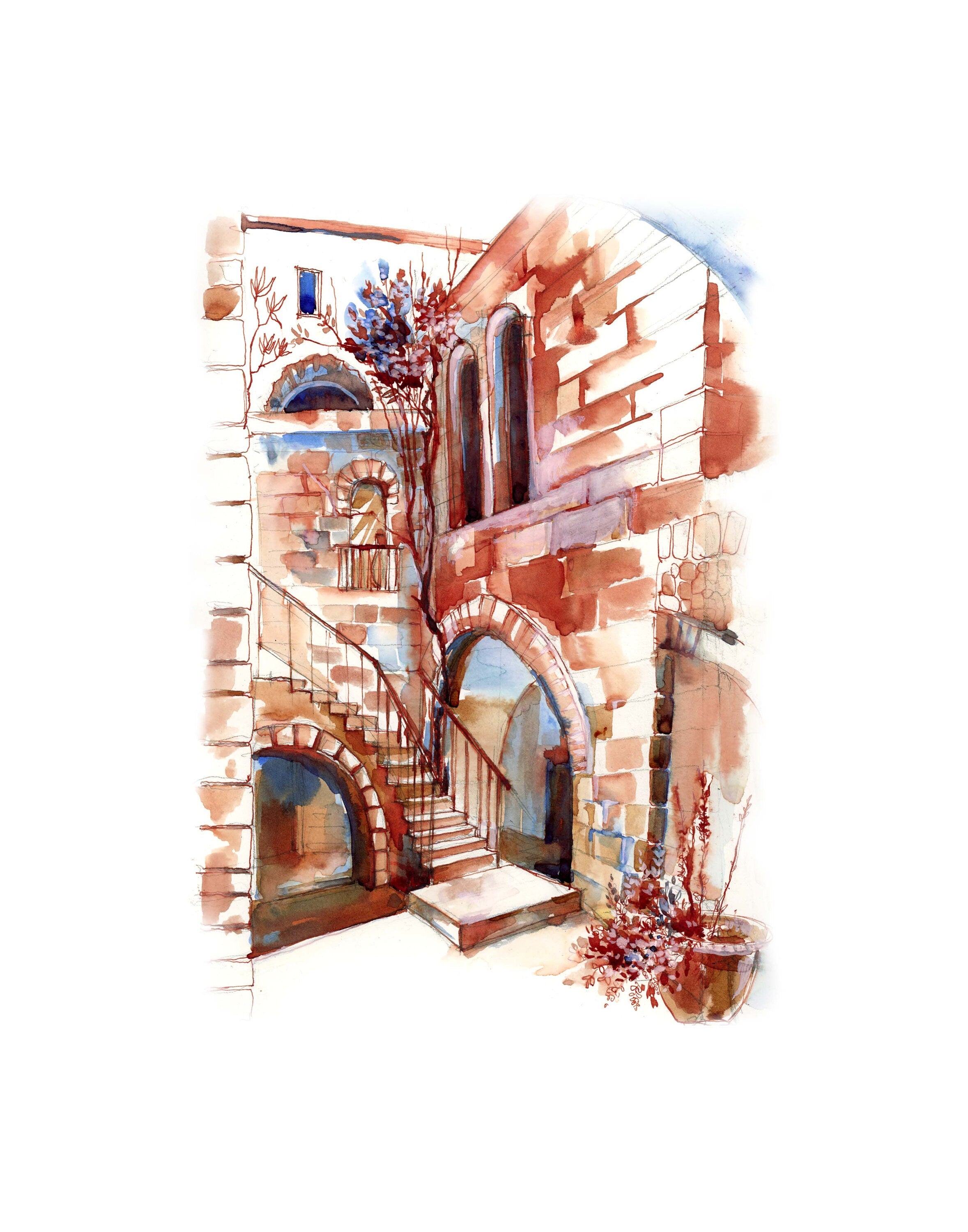 Jerusalem, Corner in the Old City, Jewish Art, Watercolor Print