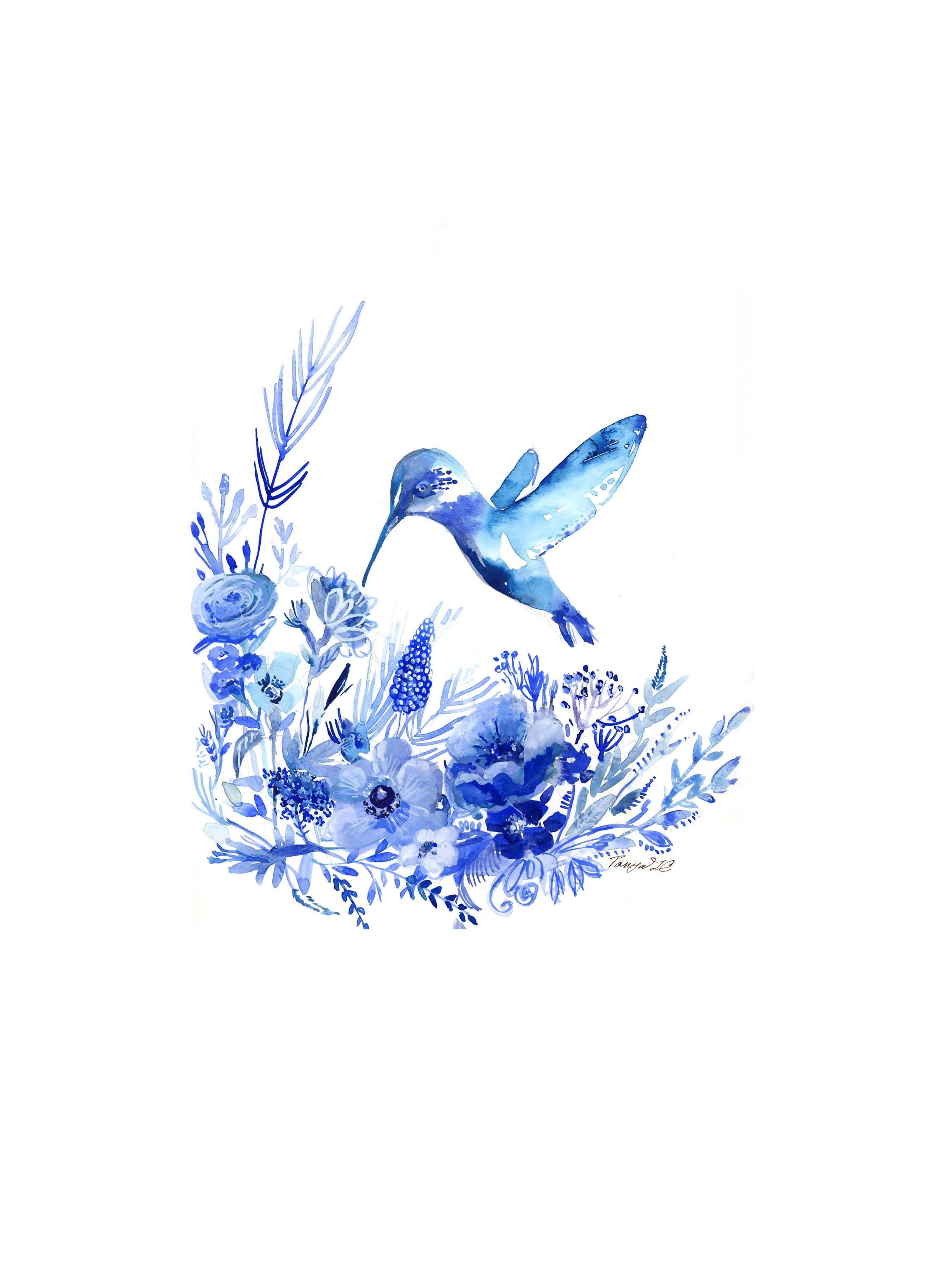Blue Hummingbird Watercolor Art Print: Signed Giclee Archival Ink