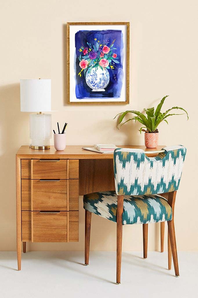 Floral Watercolor Art Print: Roses in Blue Vase
