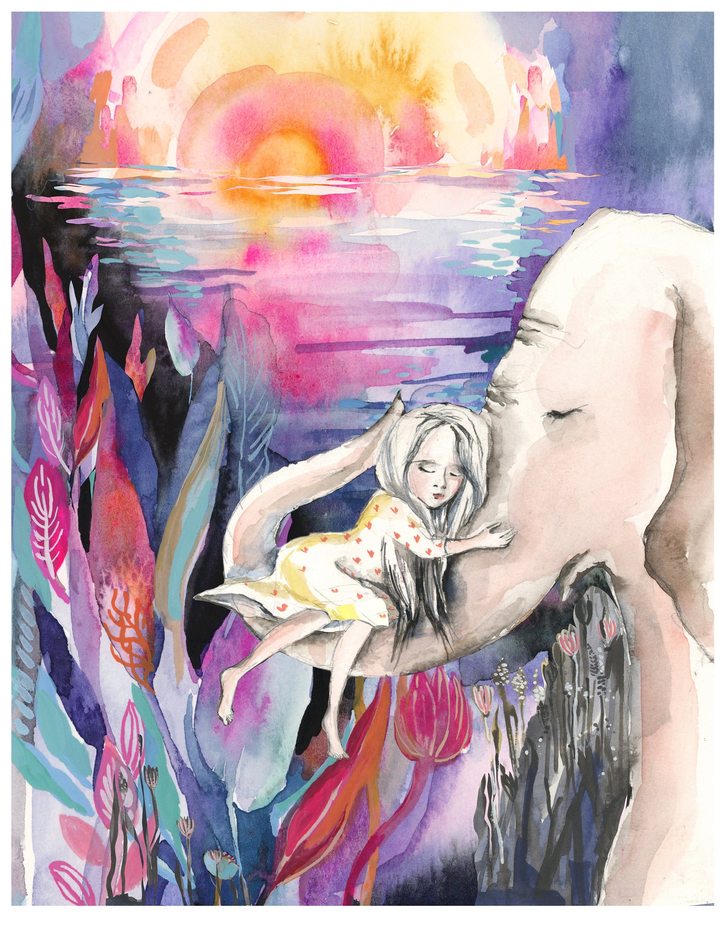 Girl and Elephant Watercolor Print: I Am Safe Giclee Art