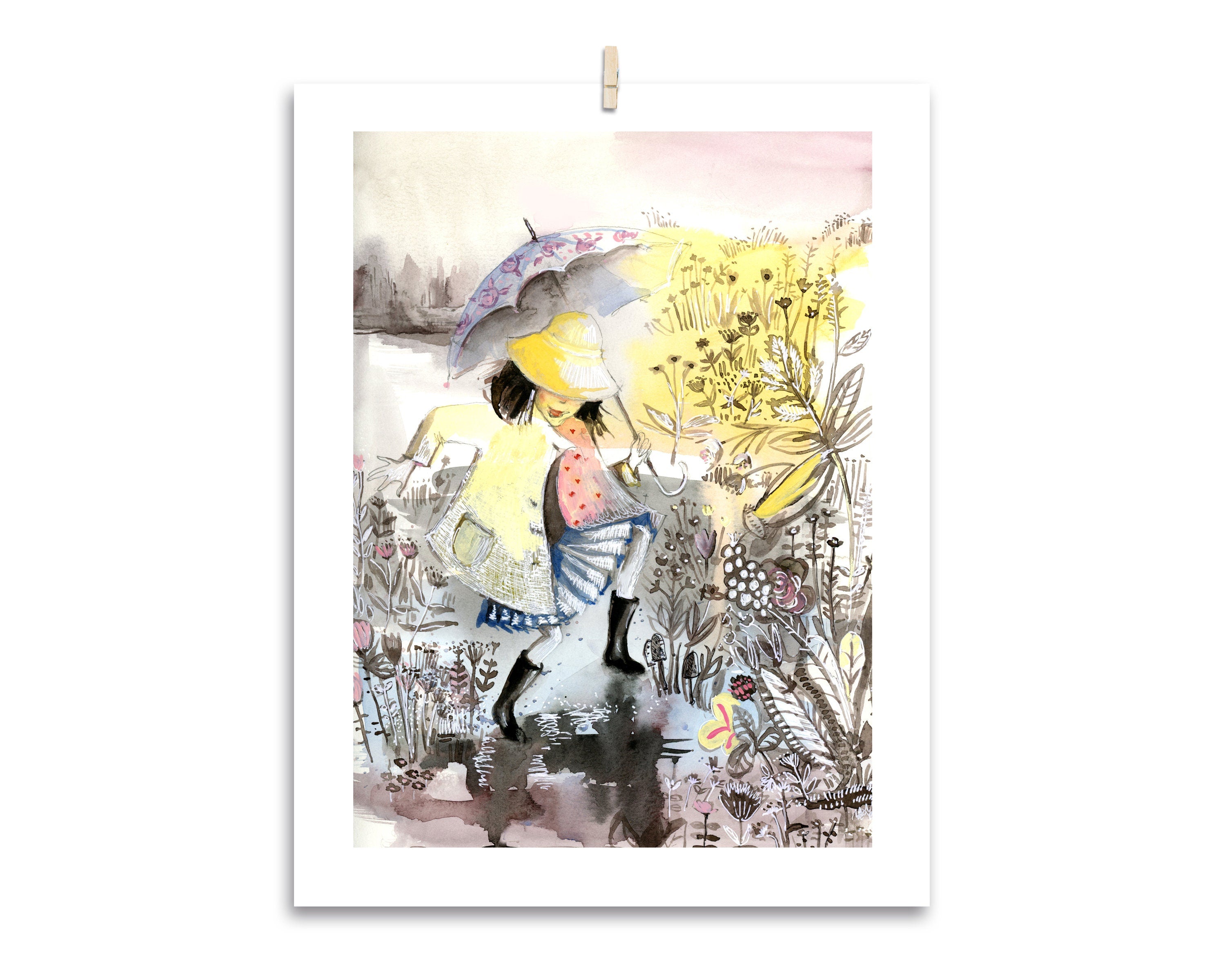 Dancing in the Rain Art Print: Children's Watercolor Illustration