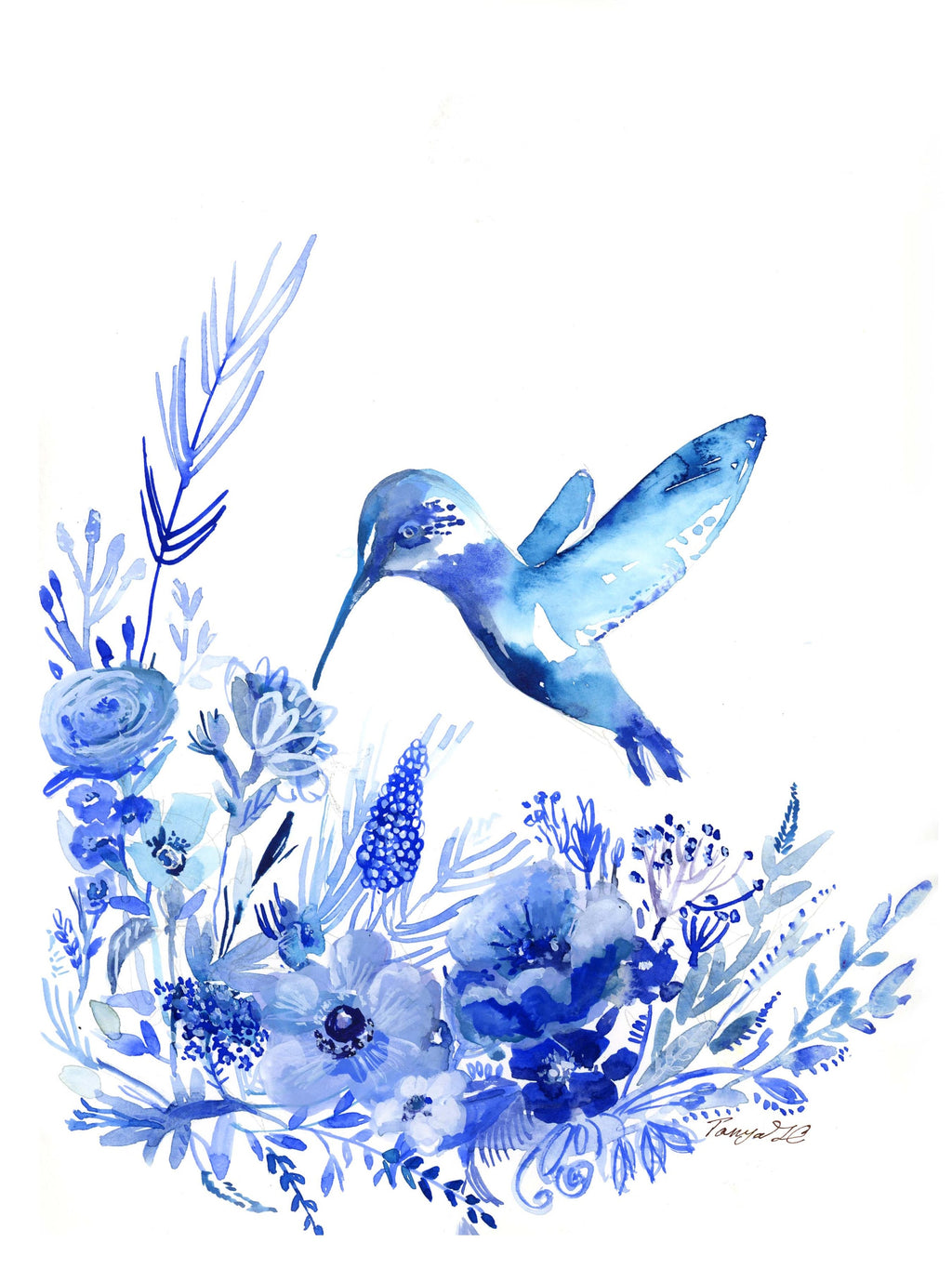 Blue Hummingbird Watercolor Art Print: Signed Giclee Archival Ink